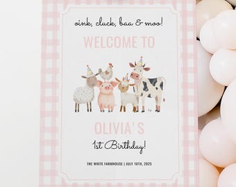 Letrero de bienvenida de cumpleaños con animales de granja, "Oink Cluck Baa Moo Barnyard 1er cumpleaños", decoración de fiesta de granja de cuadros rosa, póster de bienvenida imprimible CE045