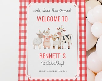 Farm Animals Birthday Welcome Sign, Oink Cluck Baa Moo Barnyard 1st Birthday, Red Gingham Farm Party Decor, Printable Welcome Poster