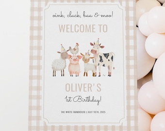 Oink Cluck Baa Moo Welcome Sign | Farm Animals 1st Birthday Welcome Sign | Tan Gingham Farm Party Decor | Editable Template