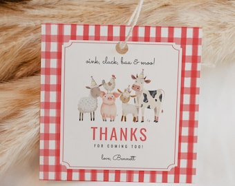 Farm Animals Birthday Favor Tag, Oink Cluck Baa Moo Thank You Tag, Red Gingham Editable Barnyard Party Gift Tag, Printable Template