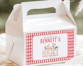 Farm Animals 1st Birthday Gable Box Label, Barnyard Oink Cluck Baa Moo Party Favor Tag, Red Gingham First Birthday Decor, Editable Template