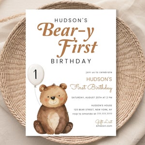 Bearbeitbare Beary erste Geburtstagseinladung, Bär 1st B-Day einladen für Jungen und Mädchen, 1st Geburtstagsfeier einladen, minimalistische Einladungsvorlage