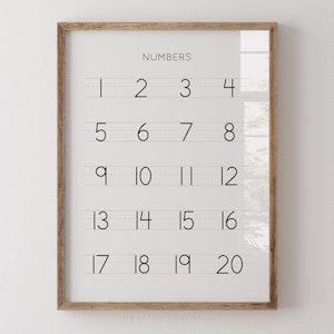 Póster de números del 1 al 20, tabla de conteo de números del 1 al 20, arte educativo imprimible, decoración de habitación infantil, sala de juegos, aula de educación en casa, descarga digital