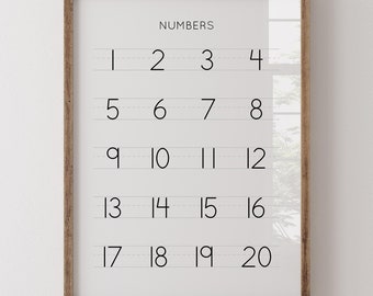May include: A framed printable with the word "NUMBERS" at the top and the numbers 1 through 20 listed in rows of four. The numbers are written in black ink on a white background.