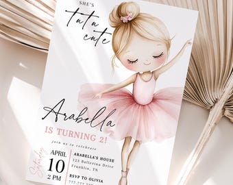 Tutu Cute Ballerina Birthday Invitation, 2nd Birthday, Blonde Hair Ballet Girl Invite, Pink Dance Party, Editable Template, Any Age
