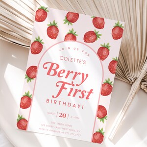 Berry First Birthday Invitation Girl, Strawberry 1st Birthday Party Invite, Pink Strawberry Theme Editable Template Digital Download
