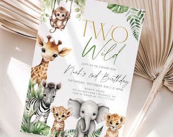 Two Wild 2nd Birthday Invitation, Safari Jungle Animals Party Invite, Editable Template, Wild Second Birthday, Jungle Theme