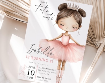 Tutu Cute 2nd Birthday Invitation, Ballerina Birthday Party Invite, Pink Ballet Theme, Editable Template, Girl Second Birthday