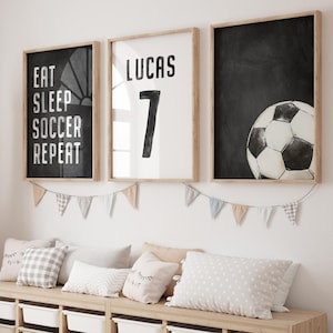 Personalized Soccer Wall Art Set of 3, Boys Room Decor, Custom Name & Number Prints, Digital Download, Kids Sports Bedroom Printable