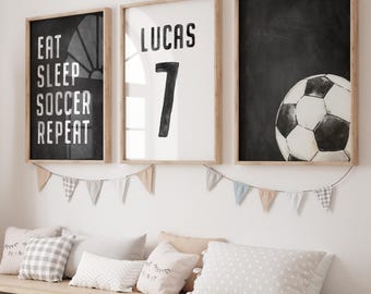 Personalized Soccer Wall Art Set of 3, Boys Room Decor, Custom Name & Number Prints, Digital Download, Kids Sports Bedroom Printable