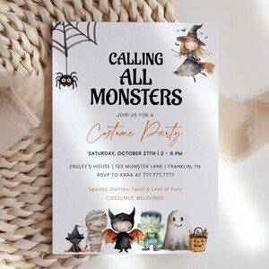 Calling All Monsters Halloween Party Invitation, Kids Halloween Costume Party Invite Template, Monster Invitation, Mummy, Editable Invite