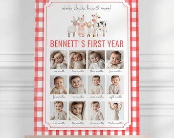 Farm Animals First Year Photo Sign, Oink Cluck Baa Moo Red Gingham 1st Birthday Monthly Picture Sign, Milestone Party Decor Template