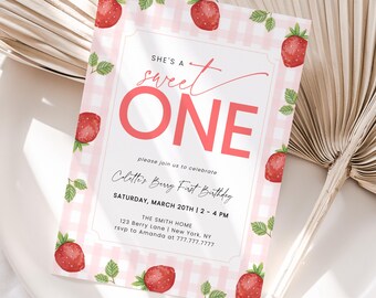 She’s a Sweet One Invitation, Strawberry First Birthday Invite, Pink Gingham Berry 1st Birthday Party, Editable Template, Girl Birthday Card