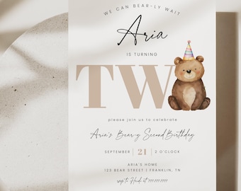 Bear 2nd Birthday Invitation, Teddy Bear Two Birthday Party Invite, Classic Second Birthday Editable Template