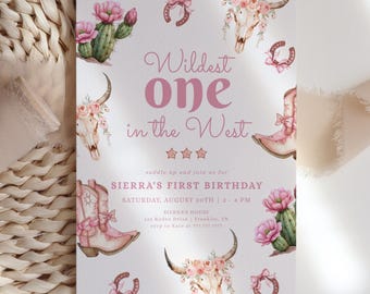 Wildest One In The West Birthday Invite, Cowgirl First Birthday Invitation, First Rodeo Boho Birthday Invite, Girl's Western First Birthday