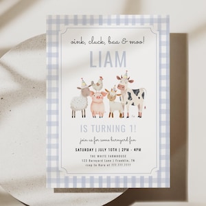 Editable Farm Animals Birthday Invitation Boy, Barnyard 1st Birthday Party Invite, Oink Cluck Baa Moo Farm Theme, Digital Printable Template
