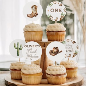 First Rodeo Cupcake Toppers Western Birthday Cowboy Editable Cake Topper Template Favor Tag  CE027