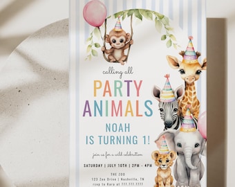 Calling All Party Animals Birthday Invitation, Safari Animals Party Invite, Kids Jungle 1st Birthday, Editable Any Age Template