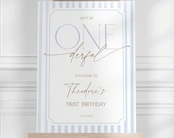 Isn’t He ONEderful Welcome Sign, Blue Stripe First Birthday Party Sign, Boy 1st Birthday Decor, Editable Template