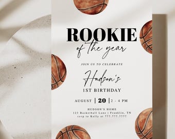 Rookie Year First Basketball Birthday Invite, First Birthday Party Invite, Sports Theme 1st Birthday, Editable Boy Invitation Template