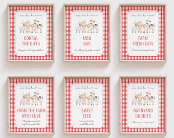 Farm Animal Birthday Table Signs, Oink Cluck Baa Moo Party Decor, Red Gingham 1st Birthday, Editable Food & Drink Sign Template