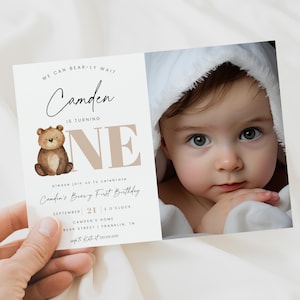 Invito con foto per il primo compleanno di Beary, invito modificabile per il primo compleanno a tema orso, modello modificabile per il primo compleanno, download digitale