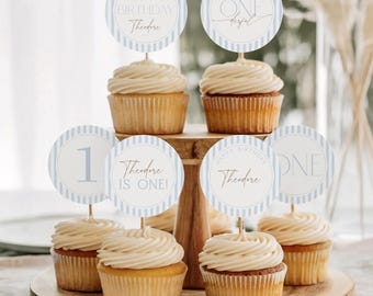 Isn’t He Onederful Cupcake Toppers, Blue Stripe 1st Birthday Party Decor, Boy First Birthday, Editable Template Printable