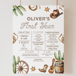 Rodeo 1st Birthday Party Stats Sign, First Year Milestone Poster, Cowboy Western BirthdayDecor,   Rodeo Birthday