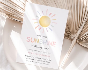 Our Little Sunshine First Birthday Party Invite Template, Editable Sunshine 1st Birthday Invitation, Sun Invitation, 1st Birthday Girl