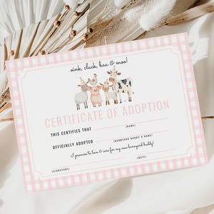 May include: A pink and white gingham patterned certificate of adoption. The certificate features a cartoon illustration of farm animals and the text "oink, cluck, baa & moo!" and "Certificate of Adoption".