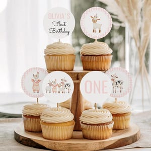 May include: Cupcakes with white frosting and decorative toppers. The toppers feature farm animal illustrations and the text "Olivia's First Birthday" and "ONE". The cupcakes are arranged on a wooden serving tray.
