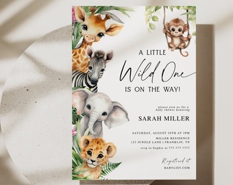 Editable Safari Baby Shower Invitation, Wild One Is On The Way Invite, Jungle Baby Shower Invite, Giraffe Elephant Zebra