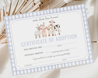 Farm Animals Adoption Certificate, Blue Gingham Editable Barnyard Birthday Party Adoption Card, Oink Cluck Baa Moo Adopt A Farm Animal Card