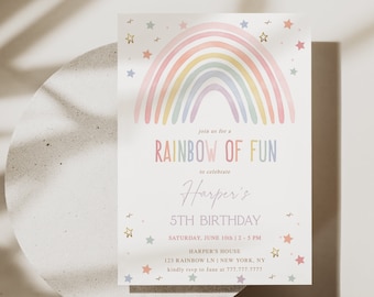 EDITABLE Rainbow Birthday Invitation Template, Rainbow Girl Birthday Party Invite, Watercolor Rainbow Of Fun Printable Invitation