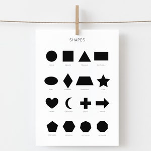 Impresión de formas, arte de pared imprimible en blanco y negro, póster Montessori, carteles educativos, decoración de sala de juegos, decoración de educación en el hogar DESCARGA DIGITAL