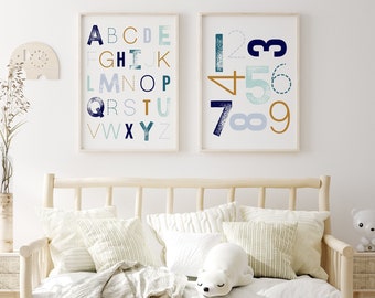 Set of 2 Prints, Alphabet and Numbers, Alphabet Poster, Baby Boy Nursery, Playroom Decor, Nursery Art, Kids Room Decor, DIGITAL DOWNLOAD