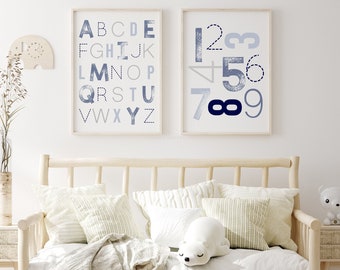 Blue Alphabet and Numbers Nursery Prints, Playroom Wall Art (Digital Download)