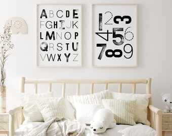 アルファベットと数字のプリント2枚セット、ニュートラルな子供部屋の装飾、プレイルームの装飾、子供部屋のアート、子供部屋の装飾、デジタルダウンロード