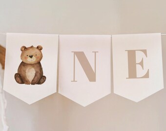 Beary First Birthday ONE Banner, High Chair Banner, Bear 1st Birthday Party Decoration, Beary Cute Birthday Highchair Garland
