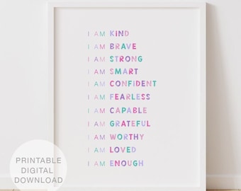 Purple & Pink Affirmations for Kids, Printable Wall Art, Positive Affirmations Print, I Am Kind, Kids Wall Art, DIGITAL DOWNLOAD