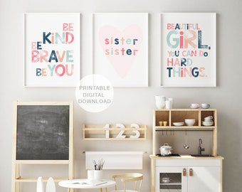 Set of 3 Prints, Girls Room Decor Printable Wall Art, Sister Prints, Empowering Prints for Girls, Girl Power, INSTANT DOWNLOAD