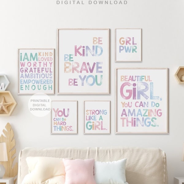 Set of 6 Girls Pink Rainbow Empowering Prints, Printable Wall Art, Girls Room Decor, Kids Affirmations, Printable Art, DIGITAL DOWNLOAD