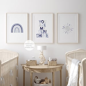 Blue You Are My Sunshine Print Set of 3, Printable Wall Art, Rainbow Baby, Nursery Decor, Nursery Wall Art, DIGITAL DOWNLOAD