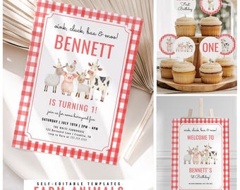 Editable Farm Animals Birthday Party Bundle, Oink Cluck Baa Moo Barnyard 1st Birthday Party, Red Gingham, Cute Farm Animals Template