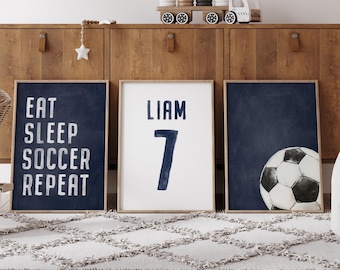 Navy Personalized Soccer Wall Art Set of 3, Boys Room Decor, Custom Name & Number Prints, Digital Download, Kids Sports Bedroom Printable