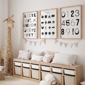 Ensemble de 3 impressions numériques à télécharger, affiches éducatives pour les tout-petits, affiche alphabet en noir et blanc, décoration Montessori pour salle de classe pour enfants