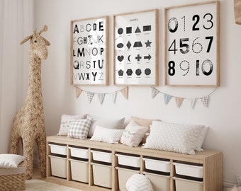 Educational Posters For Toddlers, Set of 3 Digital Prints Download, Black And White Alphabet Poster, Montessori Kids Classroom Decor