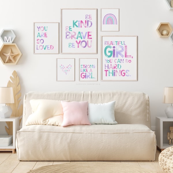 Set of 6 Girls Pink Purple Empowering Prints, Printable Wall Art, Girls Room Decor, Kids Affirmation Prints, Printable Art, DIGITAL DOWNLOAD