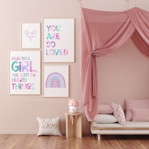 Set of 4 Girls Empowering DIGITAL PRINTS, Girls Purple Room Decor Printable Quote Wall Art, Toddler Bedroom Kids Wall Art, Playroom Decor