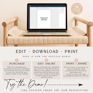 May include: A laptop displaying a template design sits on a woven bench. The image includes text that reads "Edit, Download, Print" and instructions for purchasing, editing, and printing. A circular logo says "Personalized with Corjl".